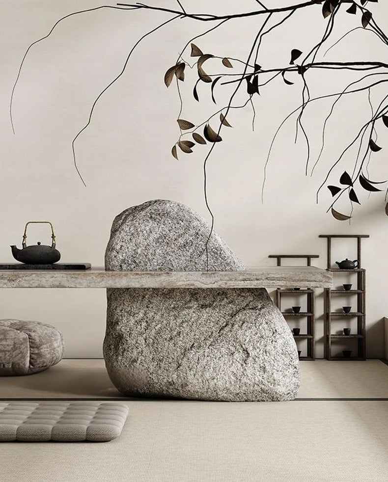 Wabi Sabi Zen Tea Table With Minimalist Marble Desk for Living Room, Office & Meditation Spaces