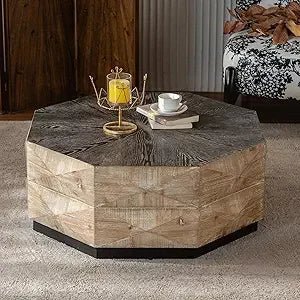 Round Drum Coffee Table Solid Wood Farmhouse Centerpiece for Modern Living Rooms