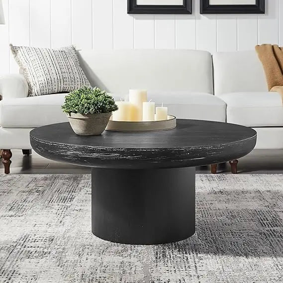 Round Drum Coffee Table Solid Wood Farmhouse Centerpiece for Modern Living Rooms
