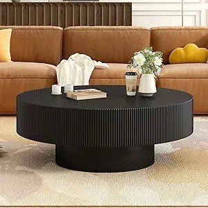 Round Drum Coffee Table Solid Wood Farmhouse Centerpiece for Modern Living Rooms