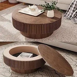 Round Drum Coffee Table Solid Wood Farmhouse Centerpiece for Modern Living Rooms