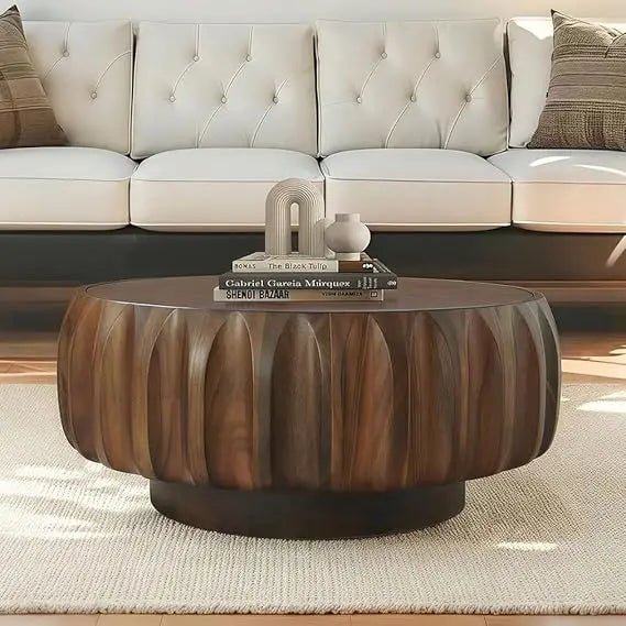 Round Drum Coffee Table Solid Wood Farmhouse Centerpiece for Modern Living Rooms