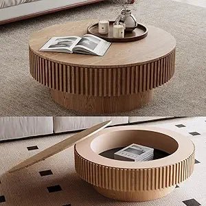 Round Drum Coffee Table Solid Wood Farmhouse Centerpiece for Modern Living Rooms