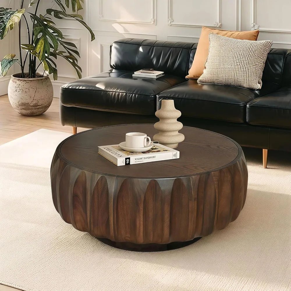 Round Drum Coffee Table Solid Wood Farmhouse Centerpiece for Modern Living Rooms