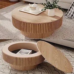 Round Drum Coffee Table Solid Wood Farmhouse Centerpiece for Modern Living Rooms