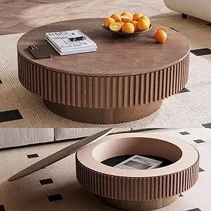 Round Drum Coffee Table Solid Wood Farmhouse Centerpiece for Modern Living Rooms