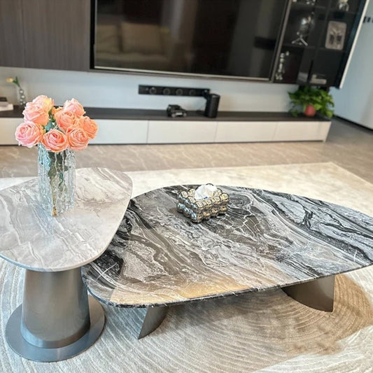 Round Natural Marble Coffee Table With Metal Base & Oval Center for Living Room