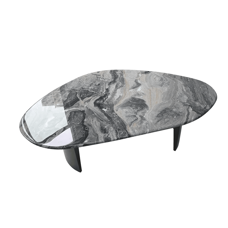 Round Natural Marble Coffee Table With Metal Base & Oval Center for Living Room