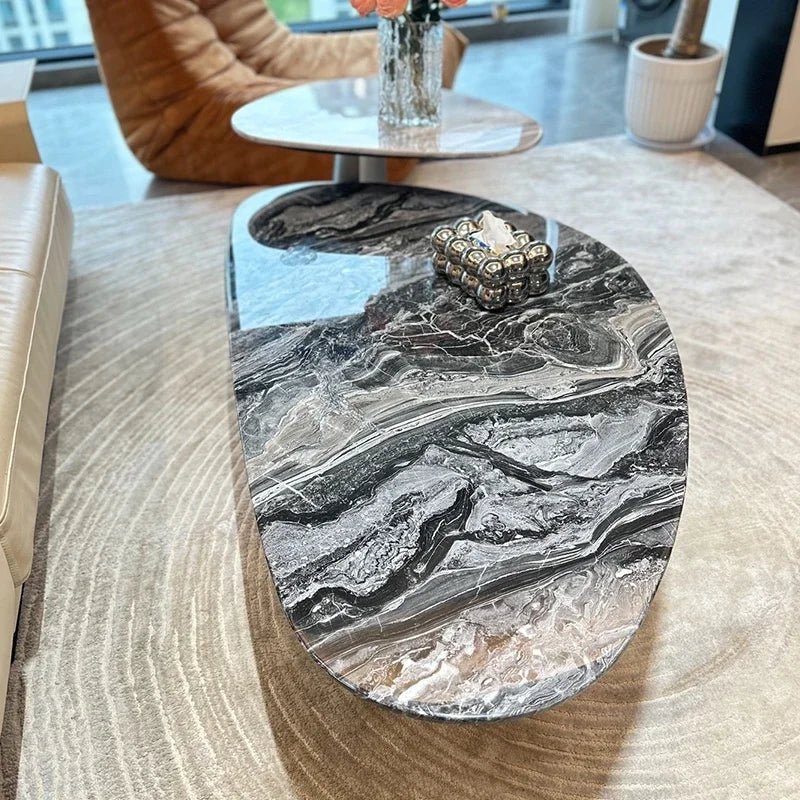 Round Natural Marble Coffee Table With Metal Base & Oval Center for Living Room