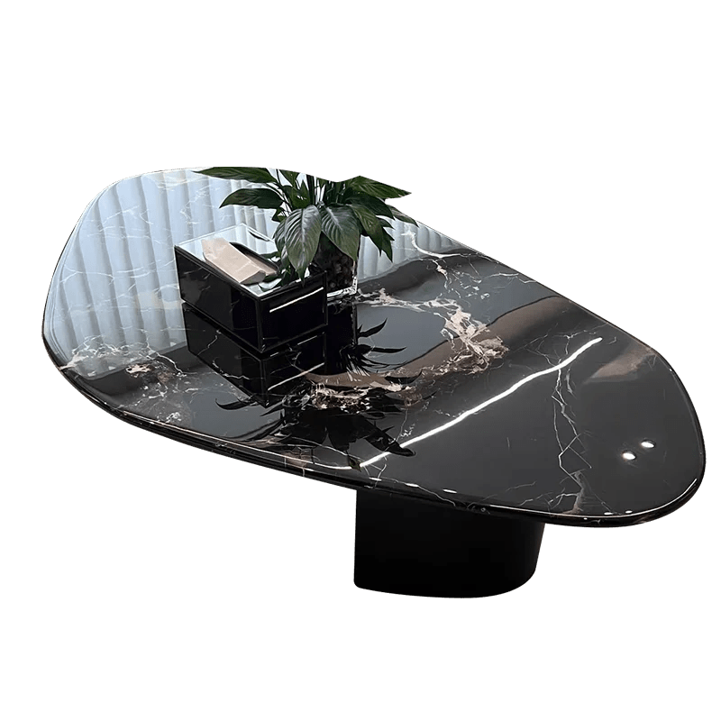 Round Natural Marble Coffee Table With Metal Base & Oval Center for Living Room