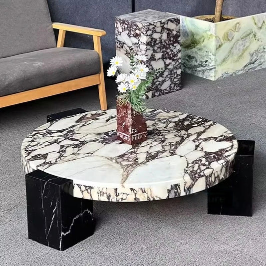 Round Top Coffee Table in Calacatta Viola & Black Marquina Marble for Living Room