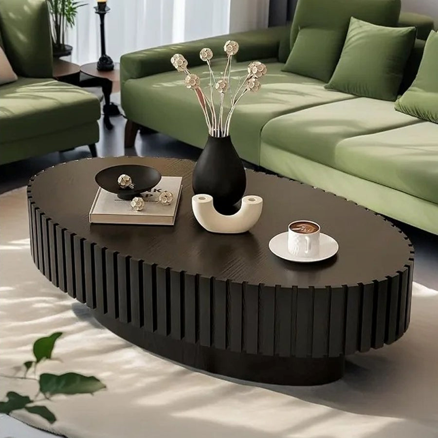 Luxury Oval Coffee Table with Handcrafted Drum Base & Fluted Wood Finish