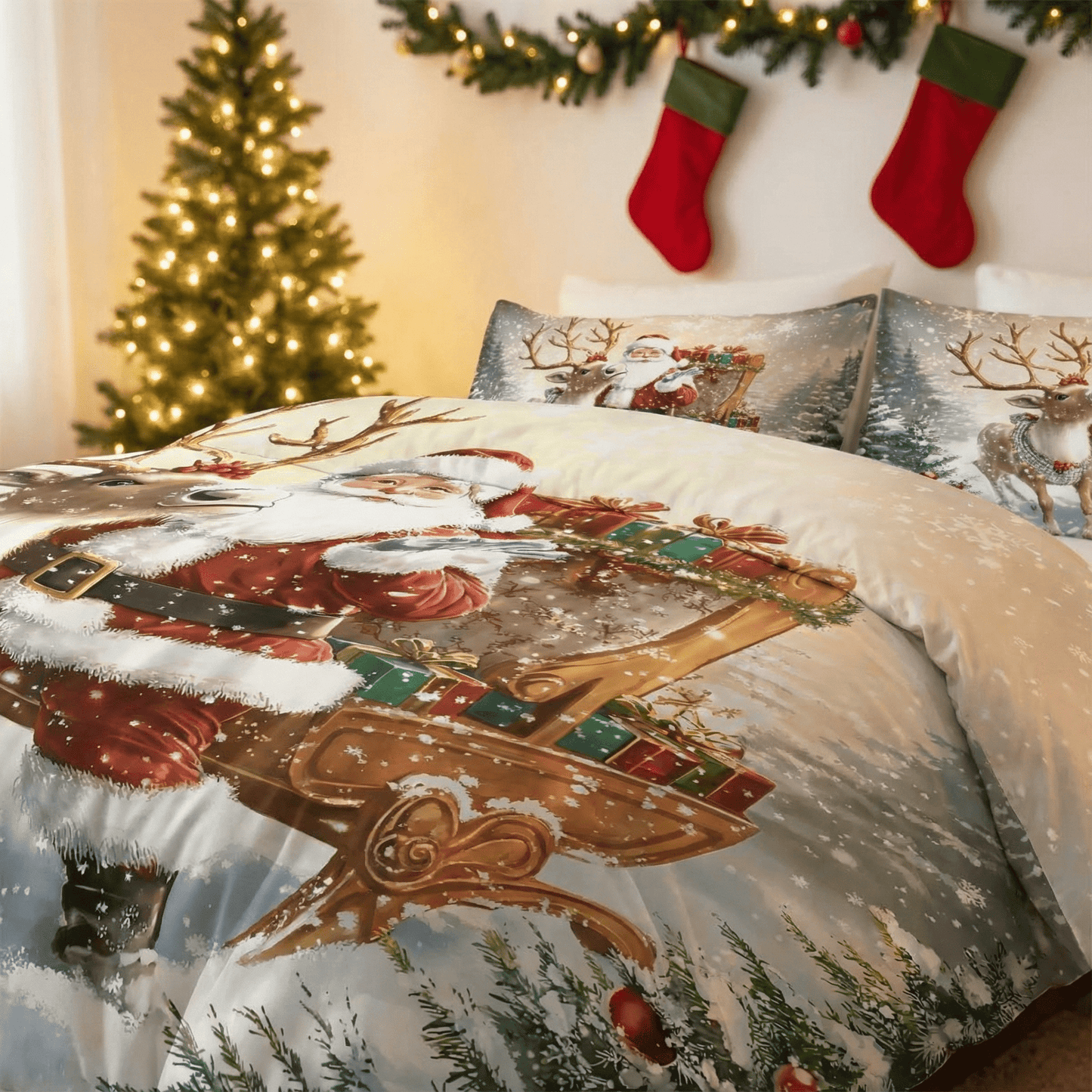 Santa Claus Bedding Set 3PCS Ultra-Soft, Coreless Machine Washable Holiday Special
