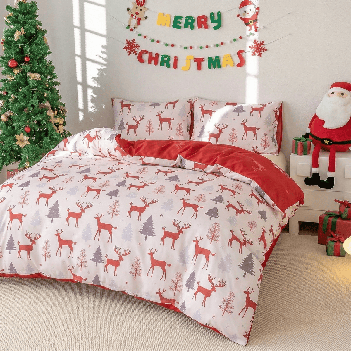 Skin Friendly Christmas Bedding Reindeer & Snowman 3PCS Duvet Cover Set