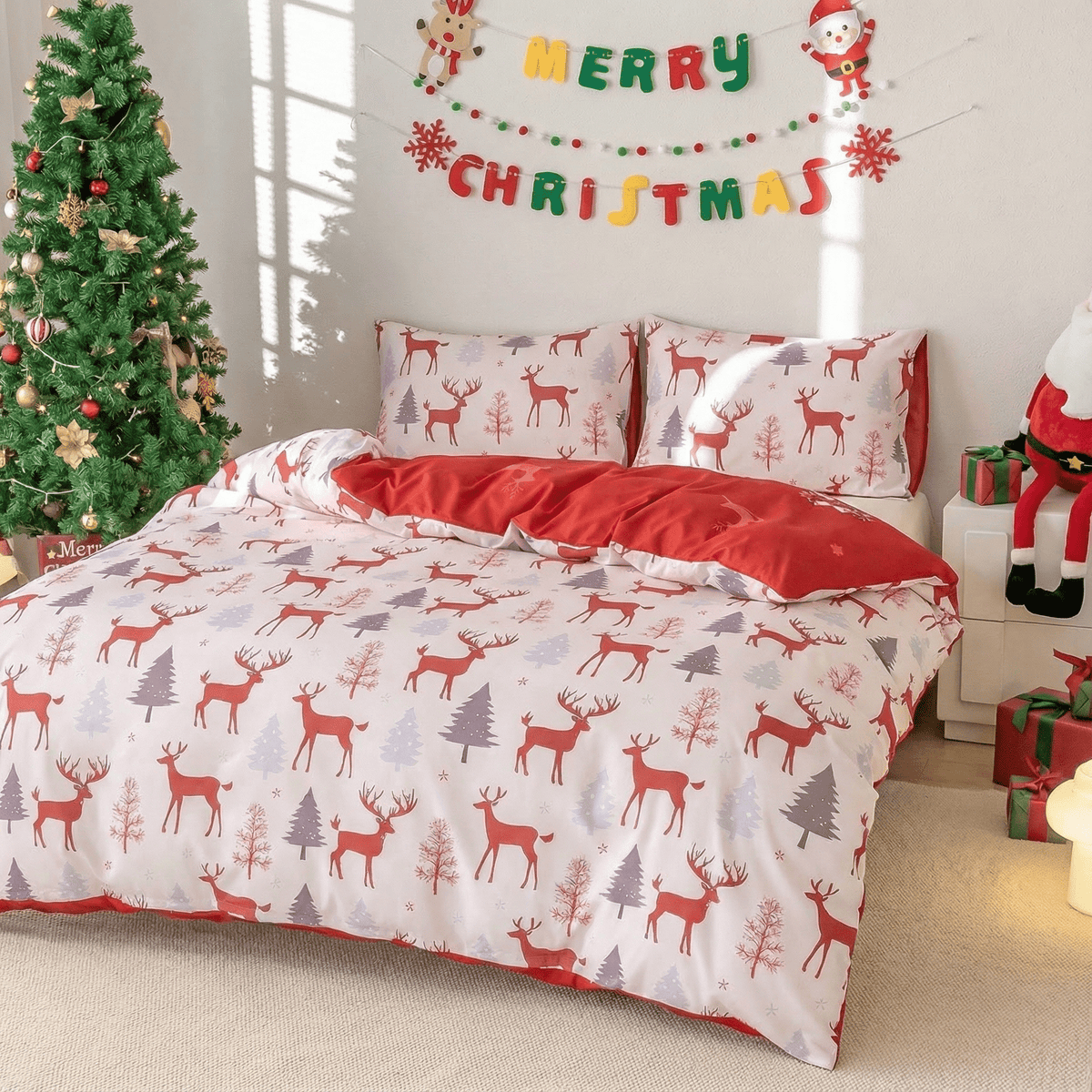 Skin Friendly Christmas Bedding Reindeer & Snowman 3PCS Duvet Cover Set