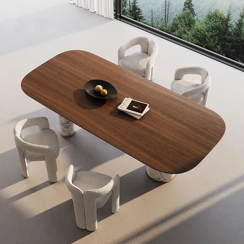 Snow Blossom Marble Dining Table With Dramatic Veins & Walnut Base