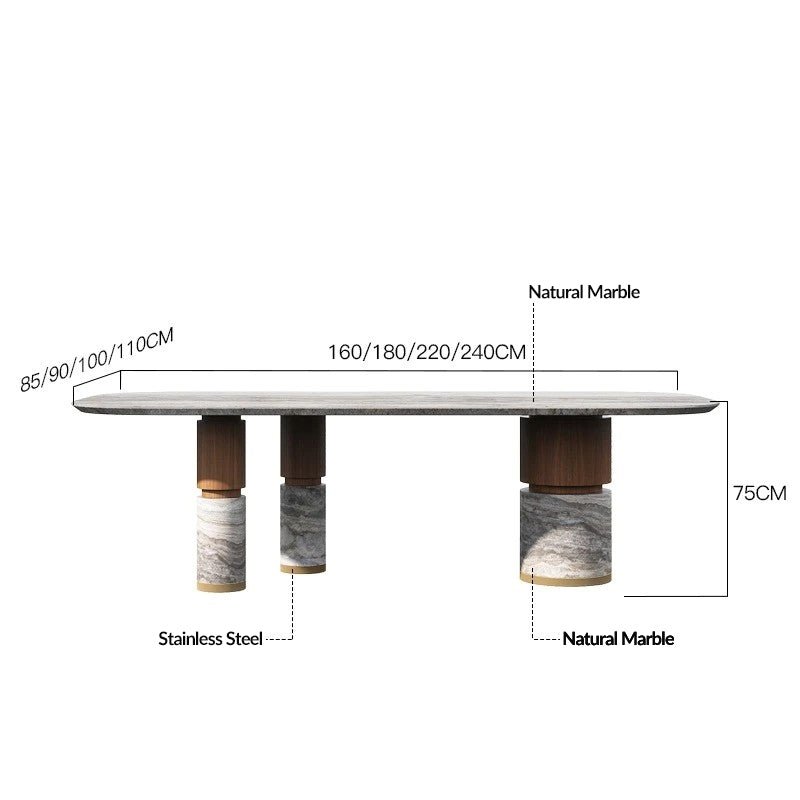Snow Blossom Marble Dining Table With Dramatic Veins & Walnut Base