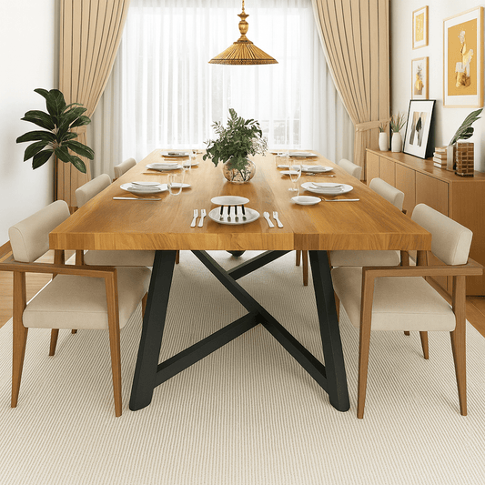Solid Wood Rectangular Dining Table with Adjustable Metal Legs for Large Kitchens & Homes