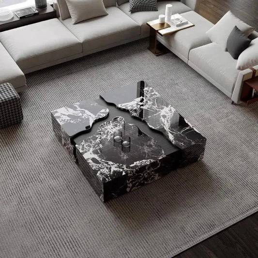 Square Marble Coffee Table With Water Flow Design for Living Room