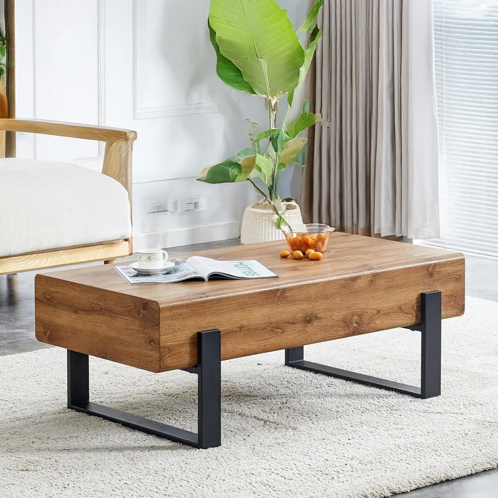 Rustic Rectangle Coffee Table with Metal Legs for Living Room, Dining Room & Office