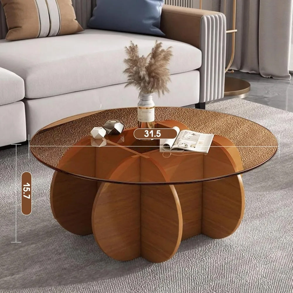 Modern Round Coffee Table With Solid Wood Legs for Living Room