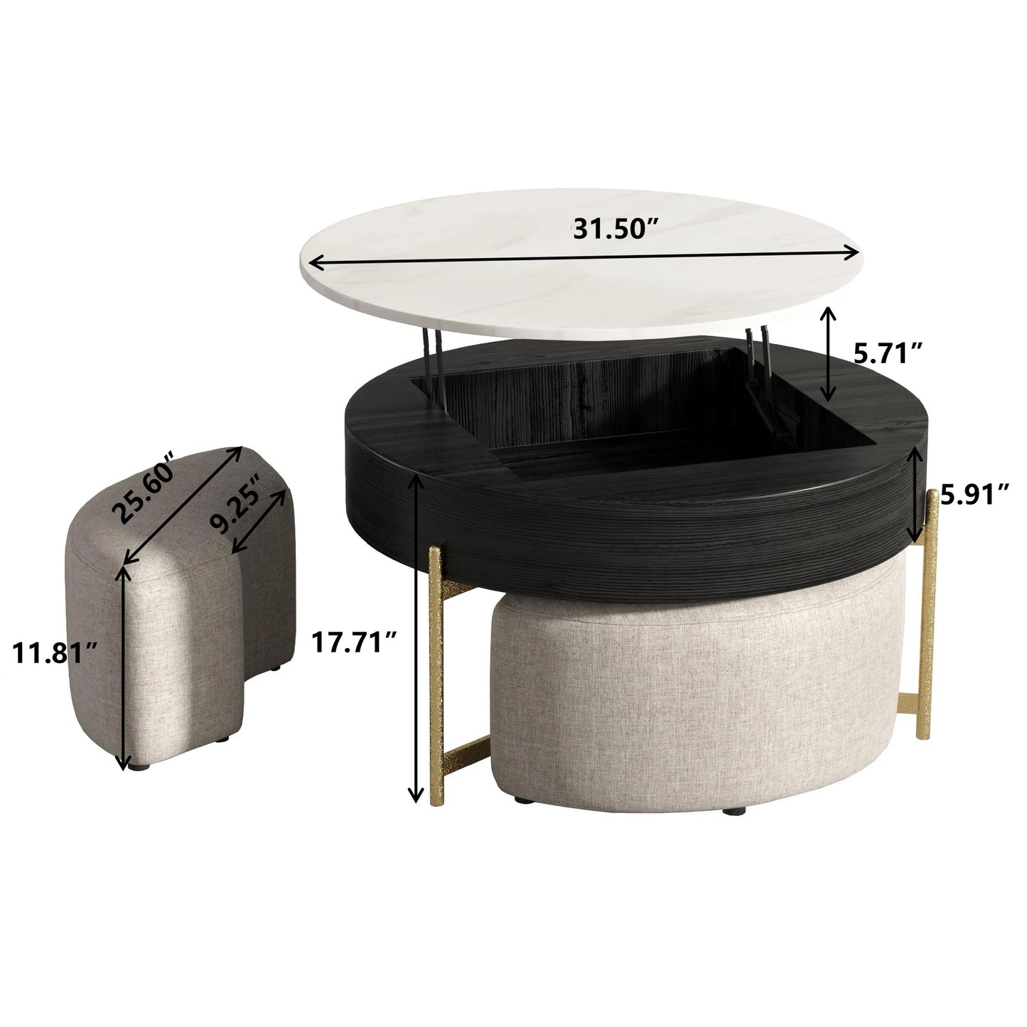 Modern Round Slate Coffee Table with Storage 3 Nesting Stools for Living Room