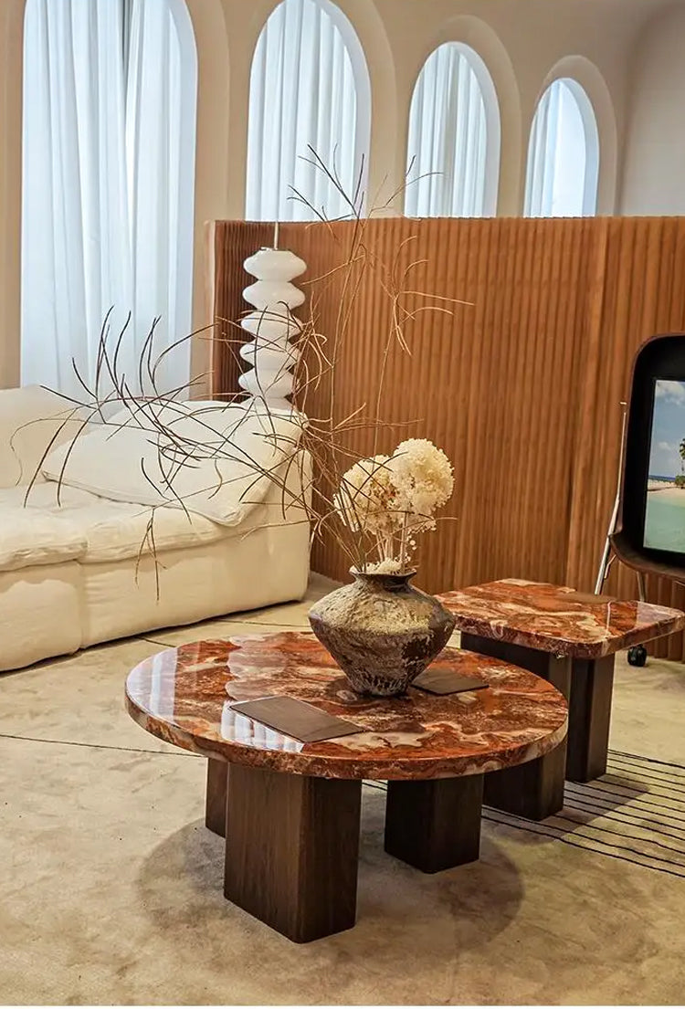 Red Marble Geometric Coffee Table Round & Square Fusion with wooden Base for Living Room