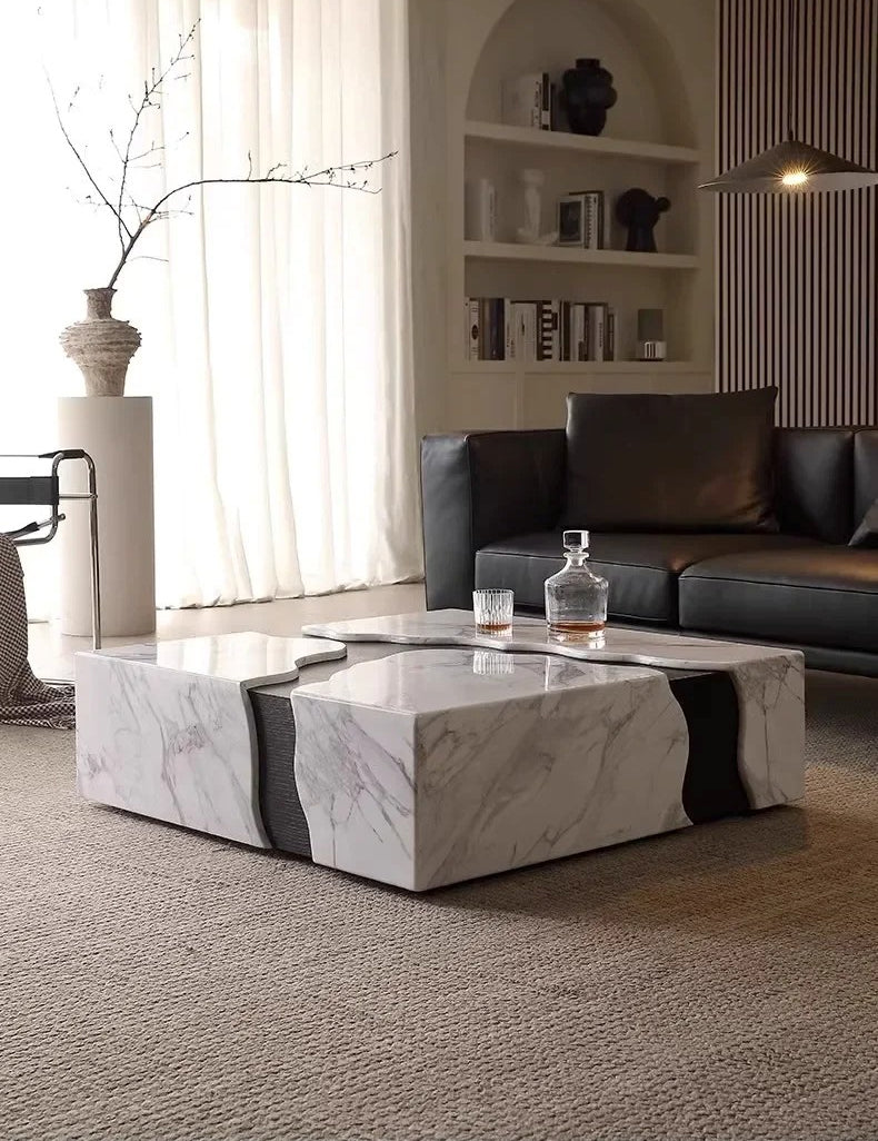 Square Marble Coffee Table With Water Flow Design for Living Room