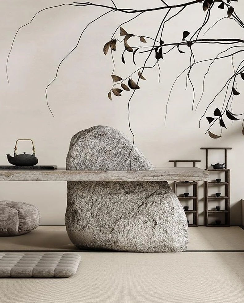 Wabi Sabi Zen Tea Table With Minimalist Marble Desk for Living Room, Office & Meditation Spaces